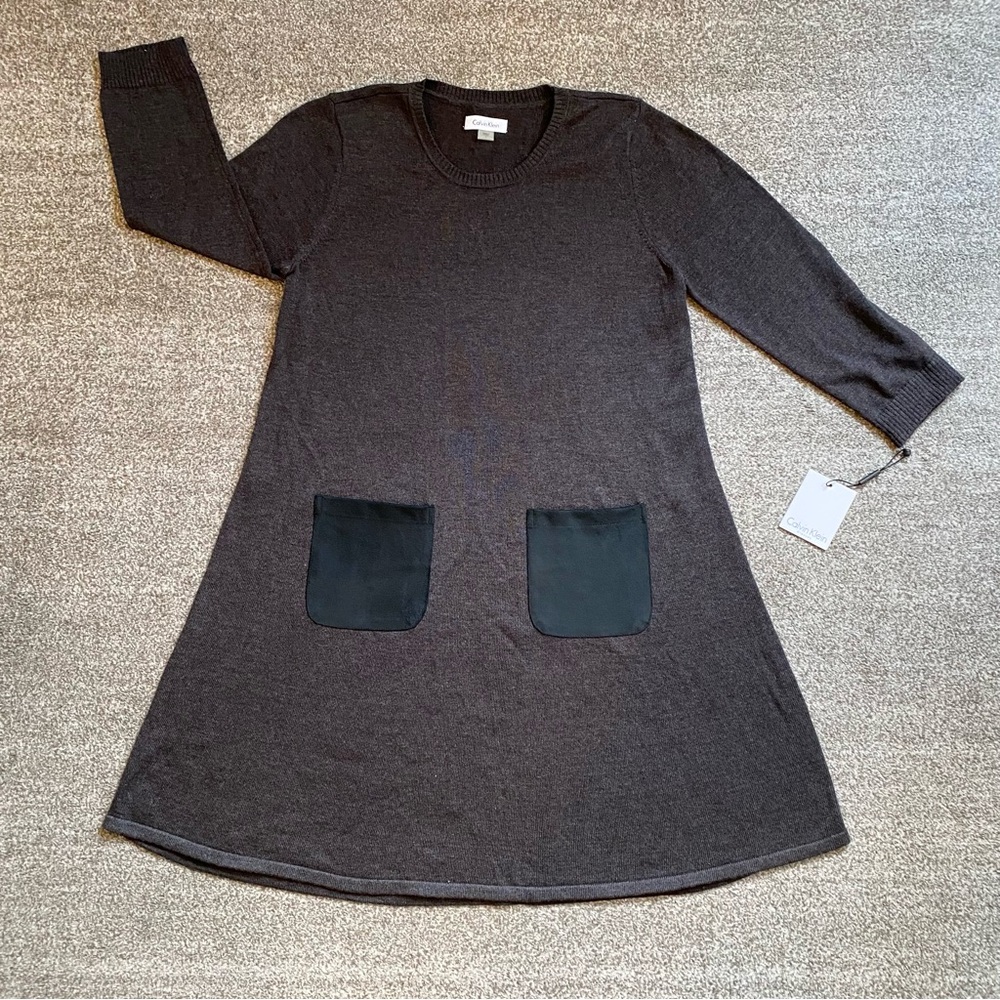 Calvin Klein Dark Charcoal Knit Dress w/Black Faux Suede Pockets Sz L
